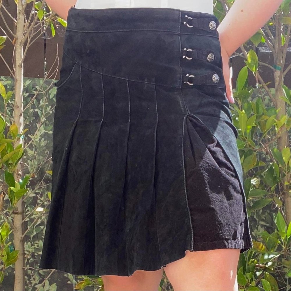Arma vintage black leather suede pleated midi skirt